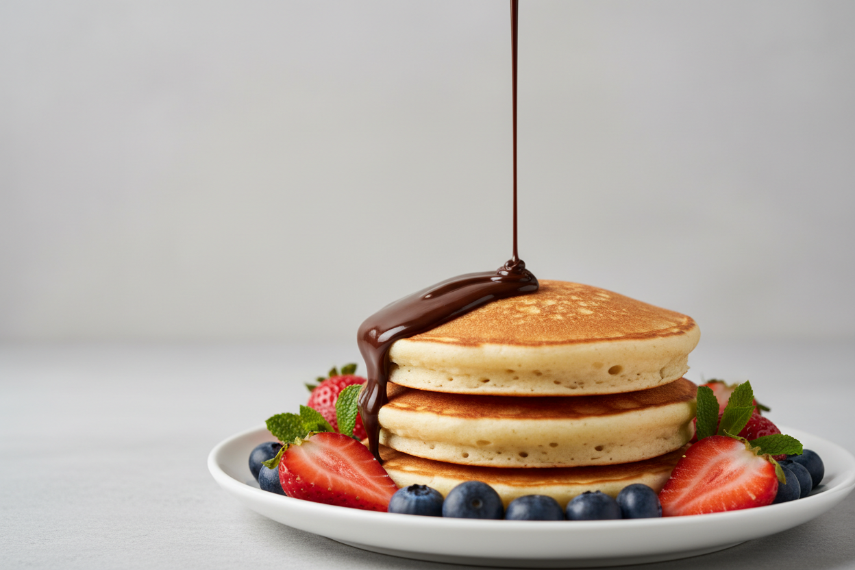 chocolate liquido cayendo hacia 3 hotcakes saludables, quiero que la imagen se vea limpia y premium, incluye fresas y arandanos